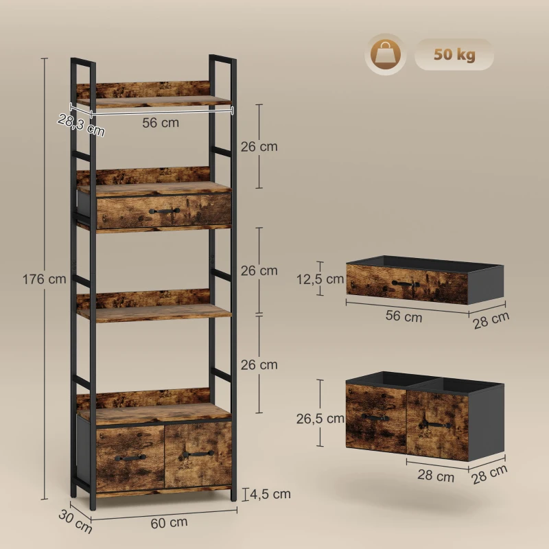 HOMCOM Bibliothèque étagère de rangement à 6 niveaux avec 4 étagères, 3 tiroirs en tissu, 60x30x176cm, brun rustique