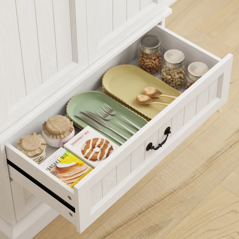 HOMCOM Buffet haut cuisine, armoire de cuisine, LED à capteur, 2 portes, tiroirs et étagères réglables, 76x39,5x183cm, blanc