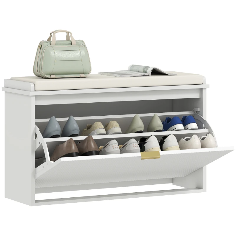 HOMCOM Banc à chaussures avec coussin d'assise rembourré et tiroir rabattable pour couloir, chambre, 80 x 26 x 47,5 cm, blanc