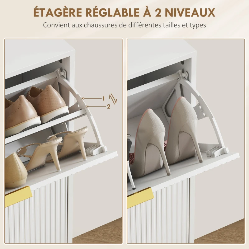 HOMCOM Meuble à chaussures 20 paires avec 4 tiroirs rabattables, portes cannelées et étagères réglables, 105x24x91,5cm, blanc