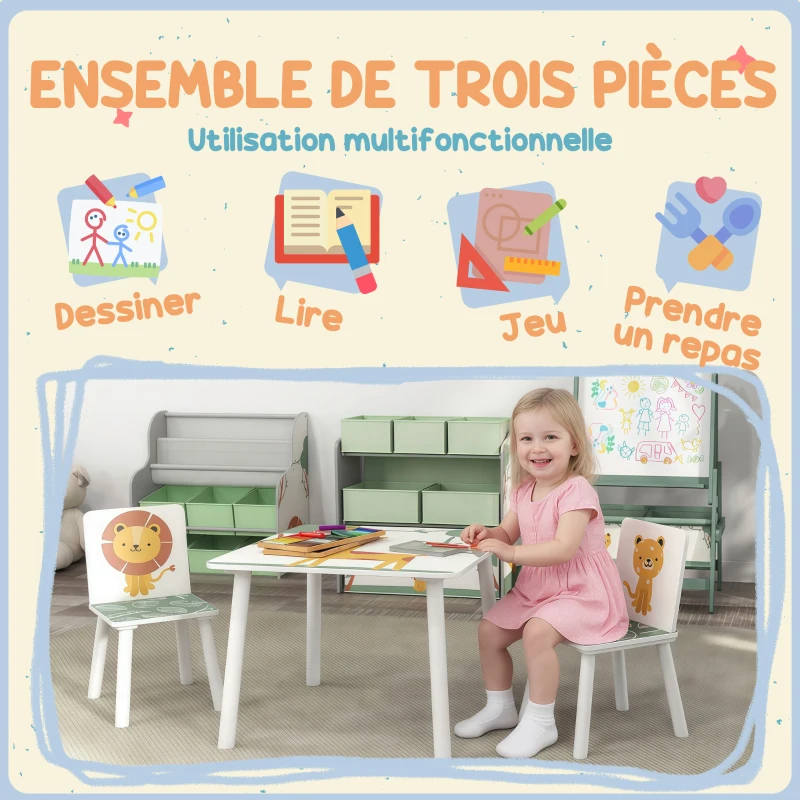 AIYAPLAY Table enfant avec chaise, ensemble table et 2 chaises enfant en bois, motifs animaux, 60 x 60 x 44 cm, vert