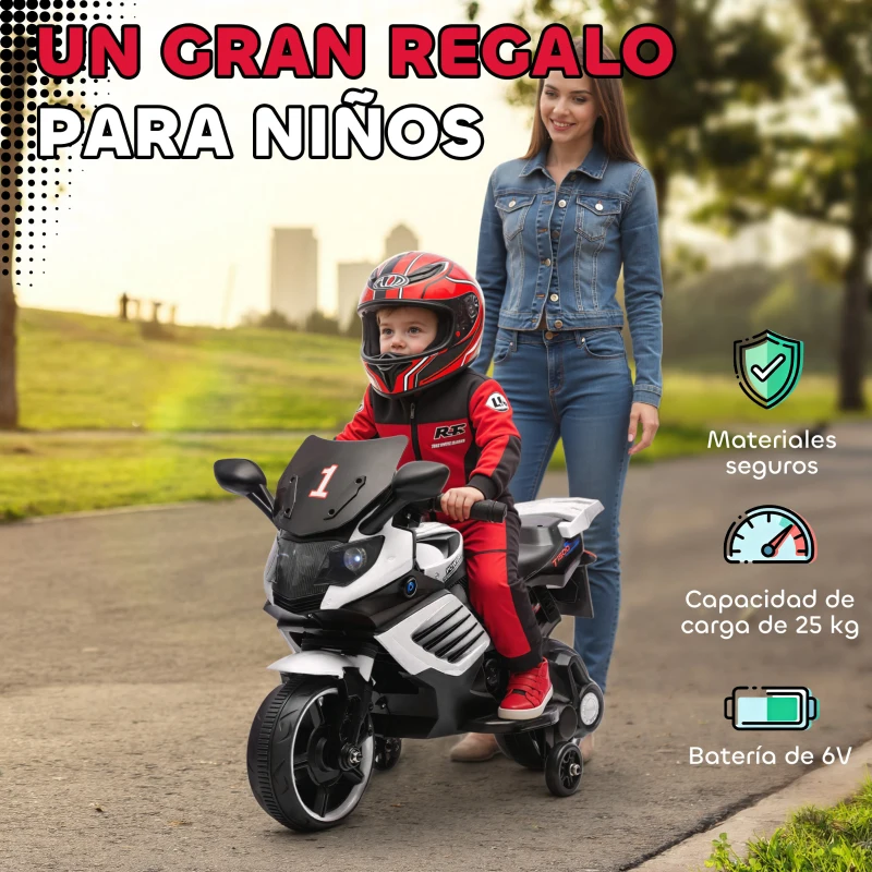 AIYAPLAY Moto Eléctrica para Niños 6V con Ruedas de Apoyo Música Faro para Niños de 18-36 Mesas Blanco