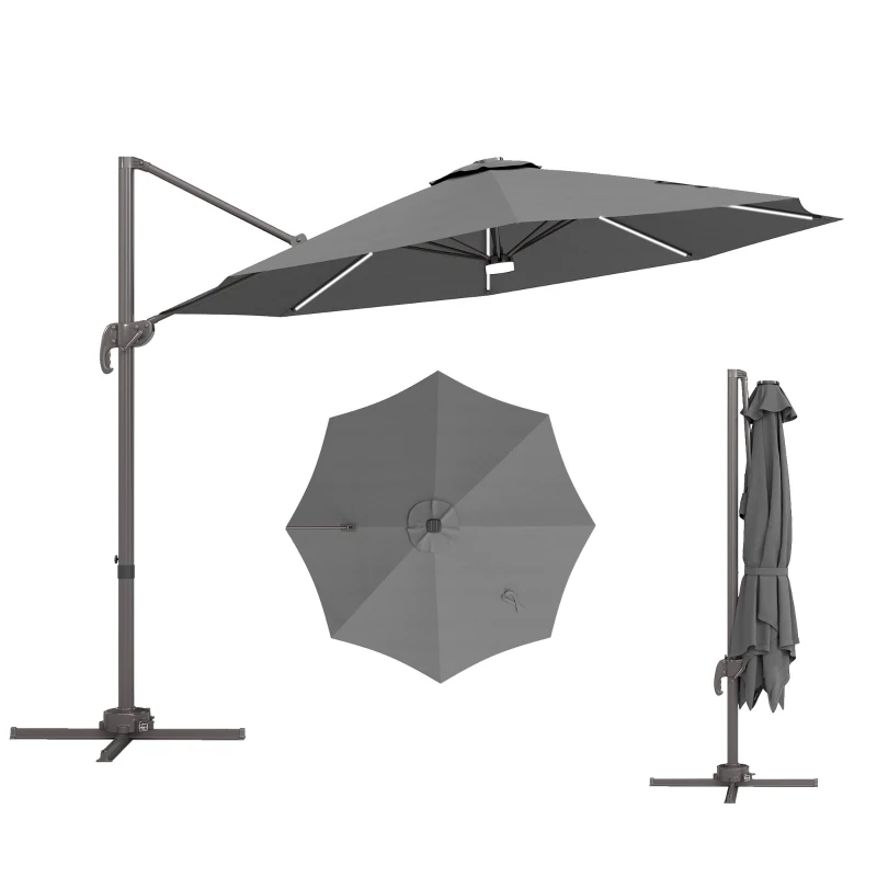 Outsunny Cantilever Parasol, with LED Lights and Cross Base - Dark Grey