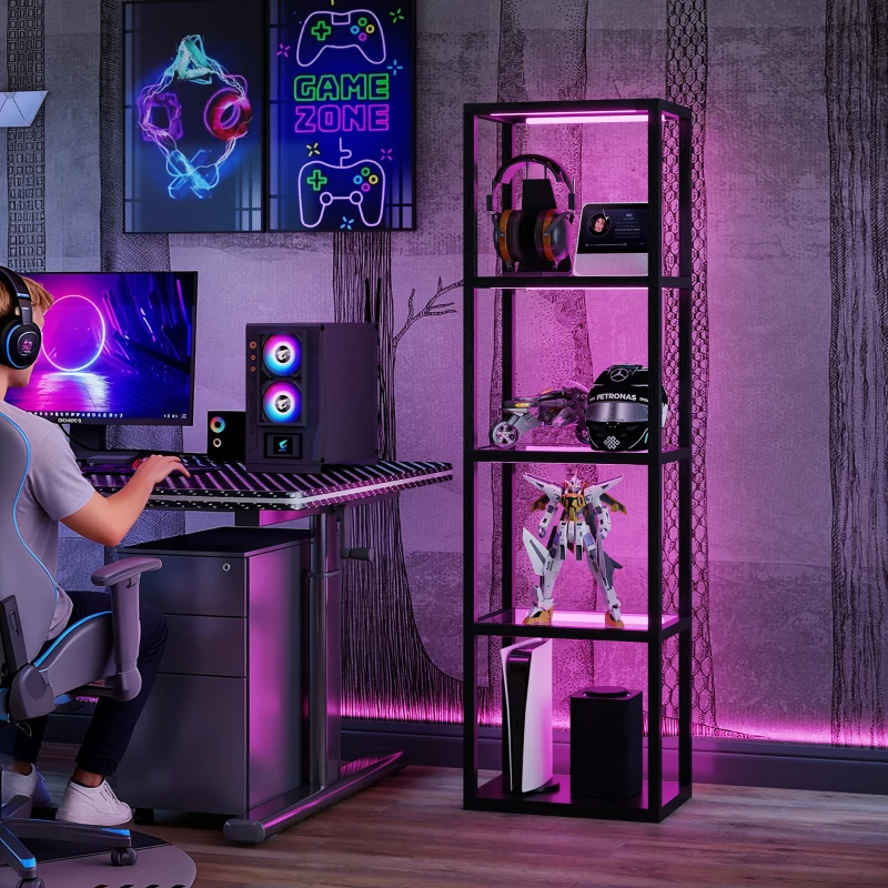HOMCOM RGB staande lamp met glazen planken, 4‑laagse LED staande lamp met afstandsbediening, muzieksynchronisatie, zwart