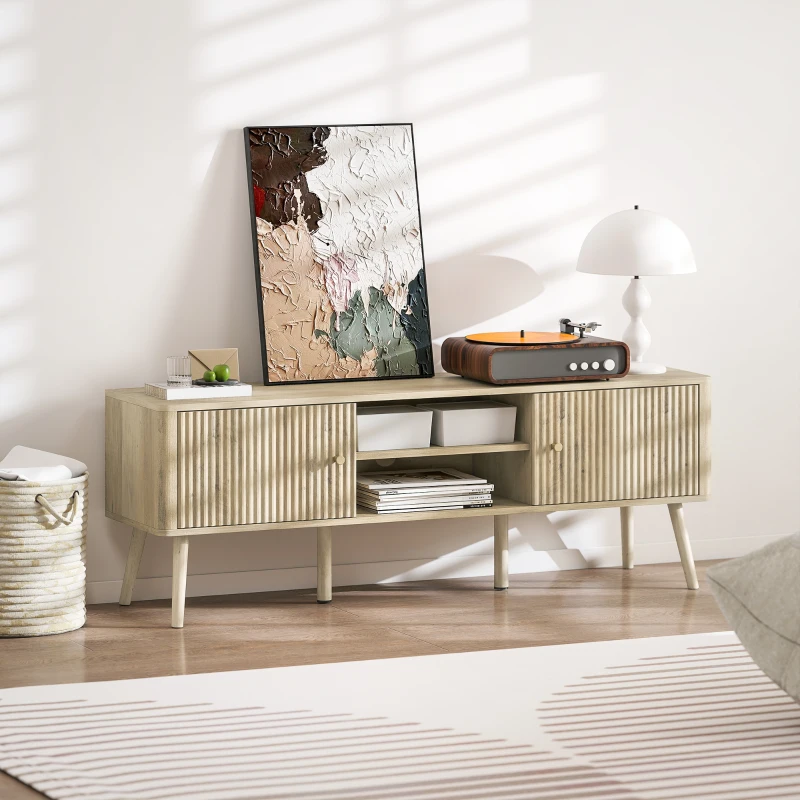 HOMCOM Meuble TV, meuble télé jusqu'à 65 pouces avec 2 portes, 2 compartiments ouverts, étagère réglable, 140x35x49cm, chêne