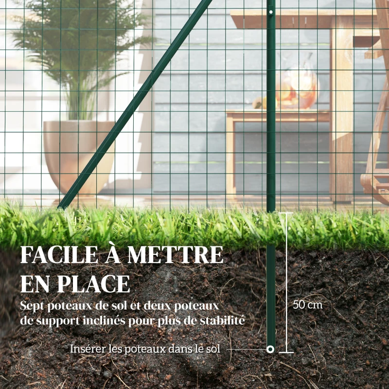 Outsunny Grillage Rouleau soudé - Maille 7,3L x 6,3l cm - Hauteur 2 m - Longueur 10 m - poteaux, Jambes de Force Inclus - Acier revêtement PVC Vert