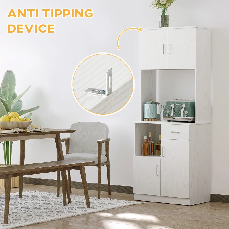 HOMCOM Tall Kitchen Cupboard, Kitchen Cabinet with Doors, Shelves, Drawer and Open Countertop, Storage Cabinet for Living Room, Dining Room, White