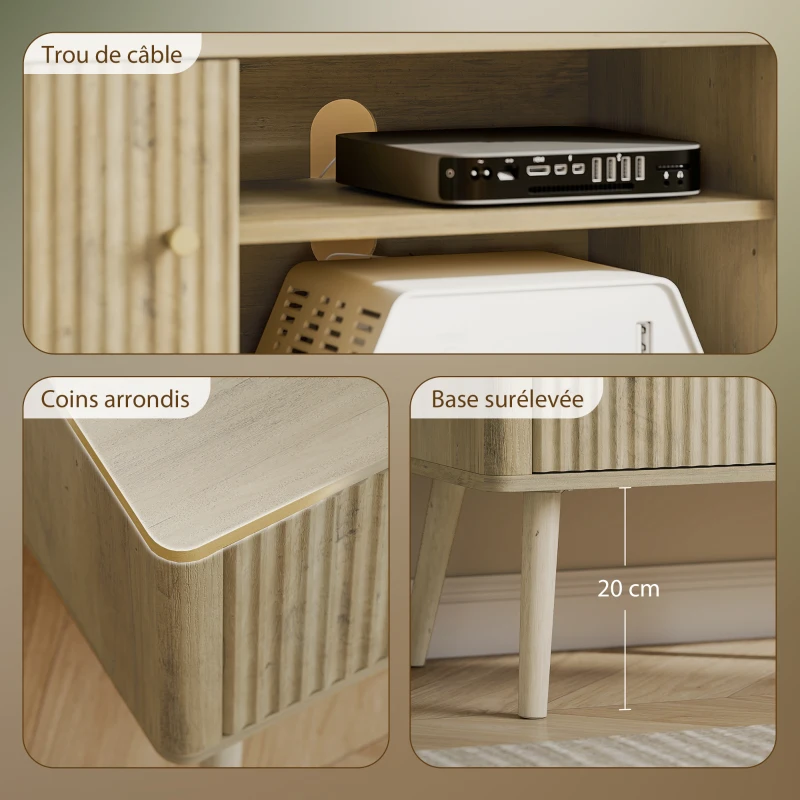 HOMCOM Meuble TV, meuble télé jusqu'à 65 pouces avec 2 portes, 2 compartiments ouverts, étagère réglable, 140x35x49cm, chêne