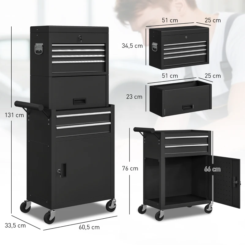 HOMCOM Rollbarer Werkzeugschrank, 6 Schubladen, 2 Schränke, Stahl, verschließbar, Schwarz