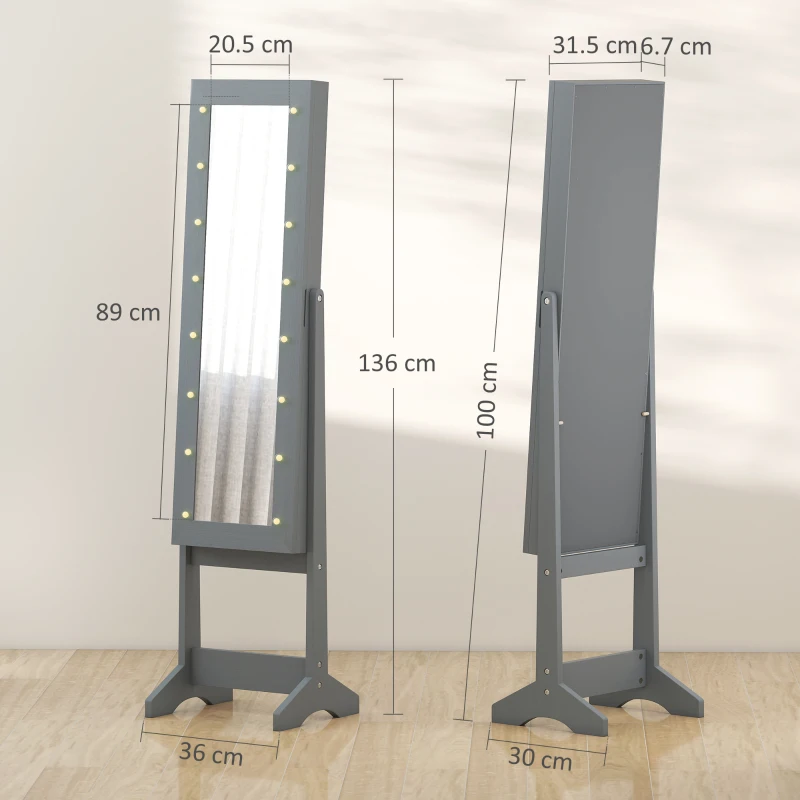 HOMCOM LED Full-Length Jewelry Cabinet with Mirror — Gray