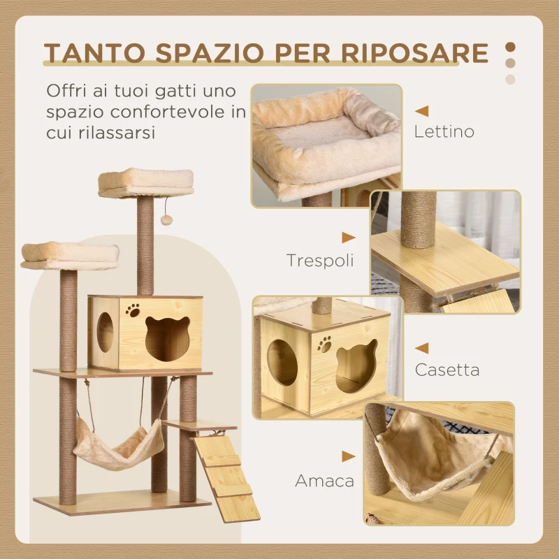 PawHut Albero Tiragraffi per Gatti con Casetta, 2 Lettini, Amaca e Pallina, in Legno, Poliestere e Sisal, 60x40x130 cm