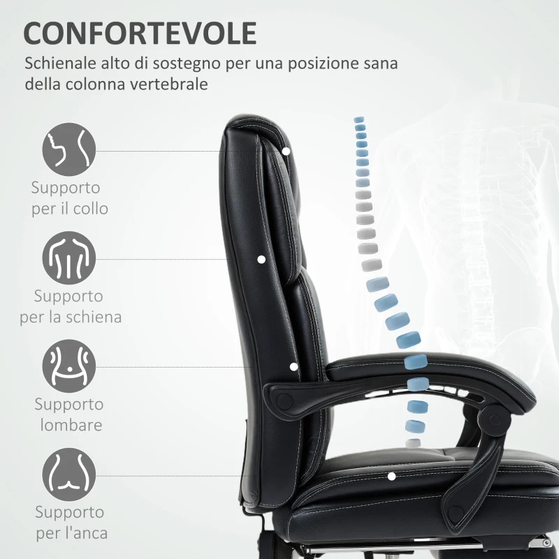 HOMCOM Sedia da Ufficio Reclinabile con Poggiapiedi Estraibile in Pelle PU, Capacità 120 kg, Nero