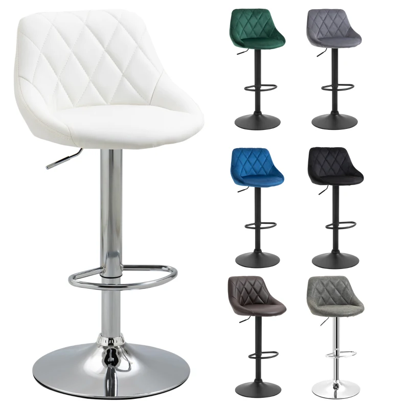 HOMCOM Set 2 Scaune de Bar Pivotante și Reglabile, Piele Ecologică Albă, cu Cusături Diamant, Ușor de Curățat, Eleganță Fără Griji de Pete