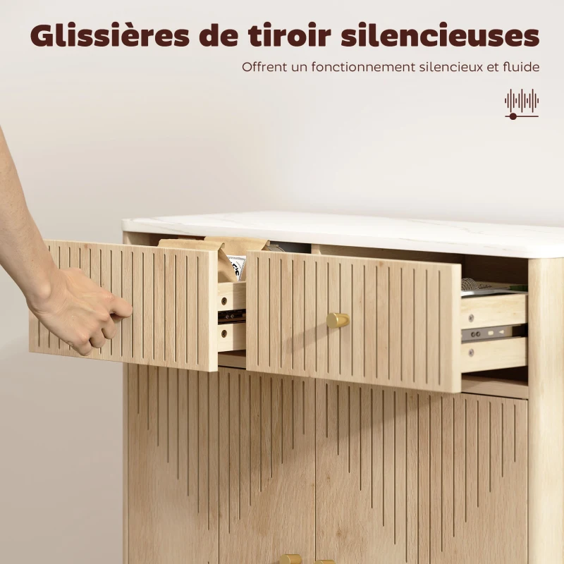 HOMCOM Buffet, meuble de rangement cannelé avec plateau effet marbre, 2 tiroirs, 2 portes, étagère réglable, 77x30x80cm, chêne