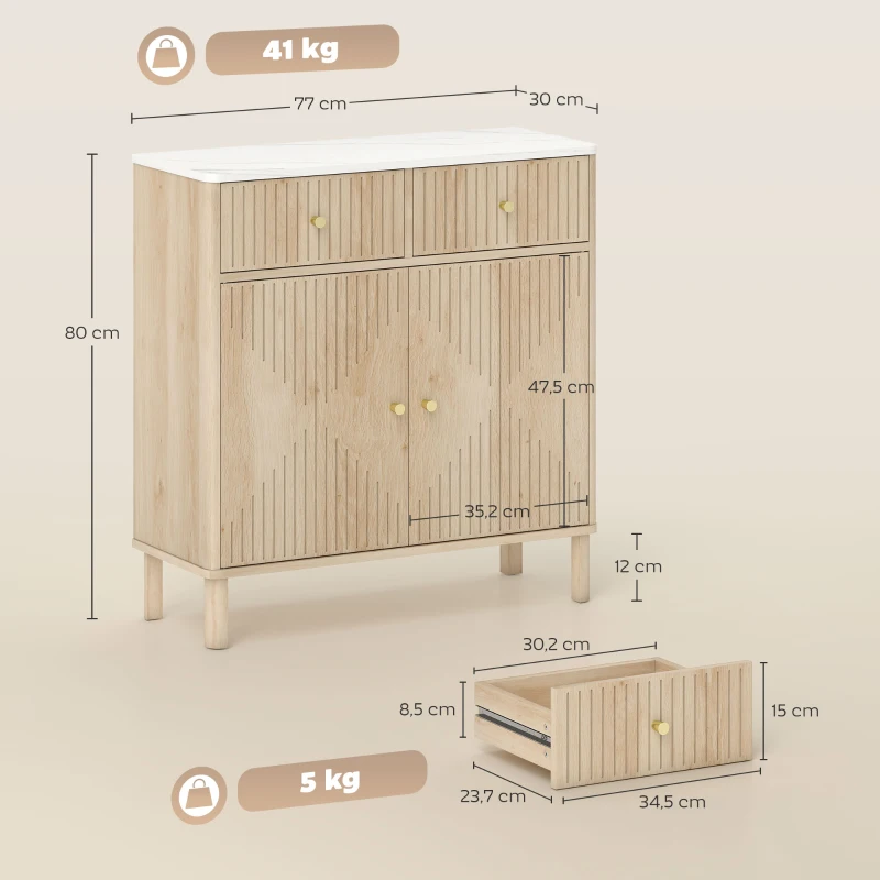 HOMCOM Buffet, meuble de rangement cannelé avec plateau effet marbre, 2 tiroirs, 2 portes, étagère réglable, 77x30x80cm, chêne