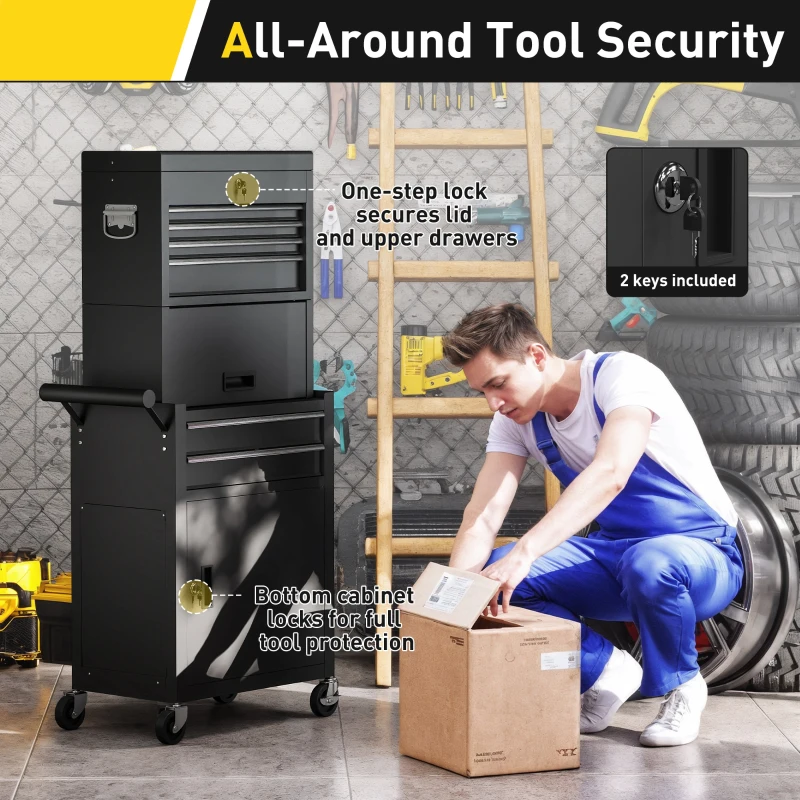 HOMCOM Rollbarer Werkzeugschrank, 6 Schubladen, 2 Schränke, Stahl, verschließbar, Schwarz