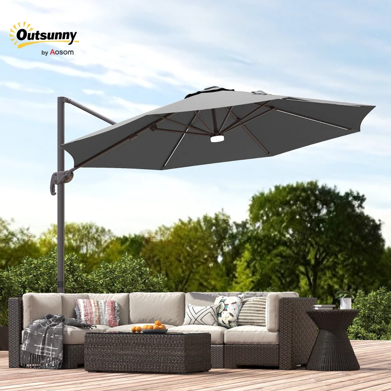 Outsunny Cantilever Parasol, with LED Lights and Cross Base - Dark Grey