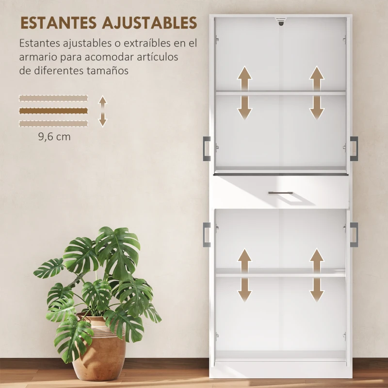 HOMCOM Alacena de Cocina con 4 Puertas 1 Cajón y Estantes Ajustables Antivuelco para Comedor Salón 70,8x34x180cm Blanco y Plata