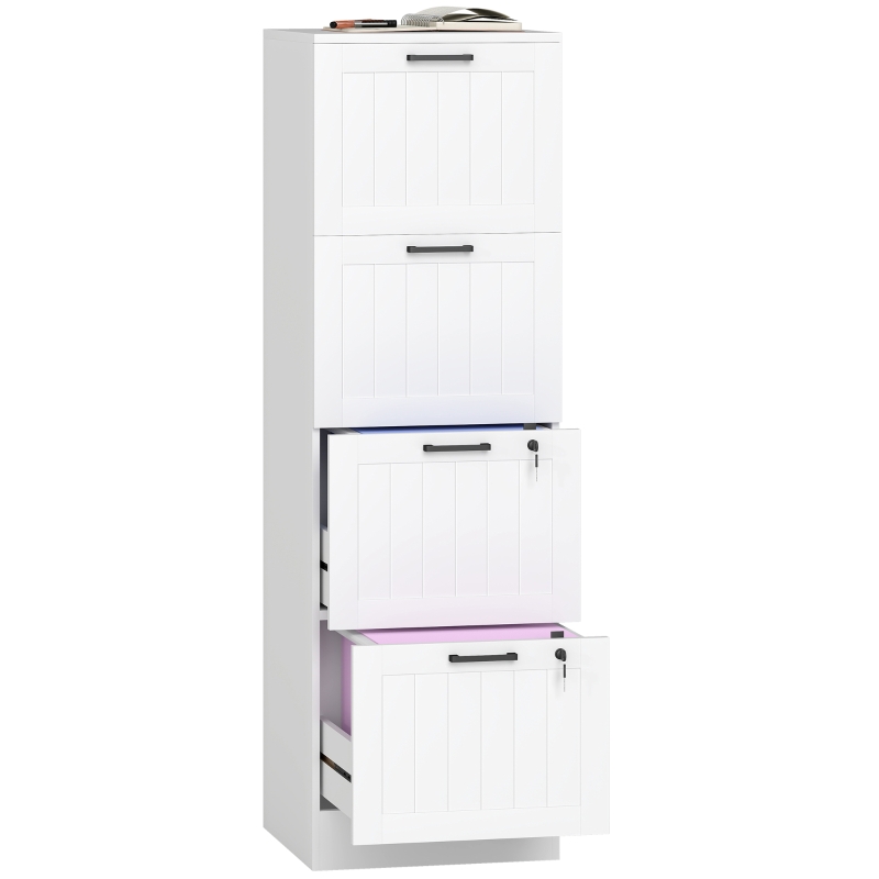 HOMCOM Caisson bureau, meuble rangement bois 4 tiroirs et serrure, barres de suspension réglables, 40 x 40 x 131 cm, blanc