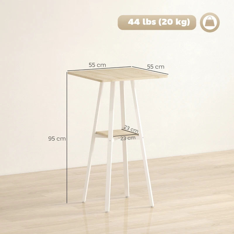 HOMCOM Tavolo Alto Quadrato con Ripiano per 2 Persone, 55x55x95 cm, Legno Naturale e Bianco