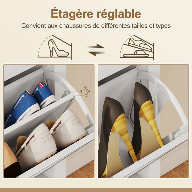 HOMCOM Meuble à chaussures 21 paires bohème avec 3 tiroirs rabattables, portes effet cannage rotin, 80 x 24 x 131 cm, blanc