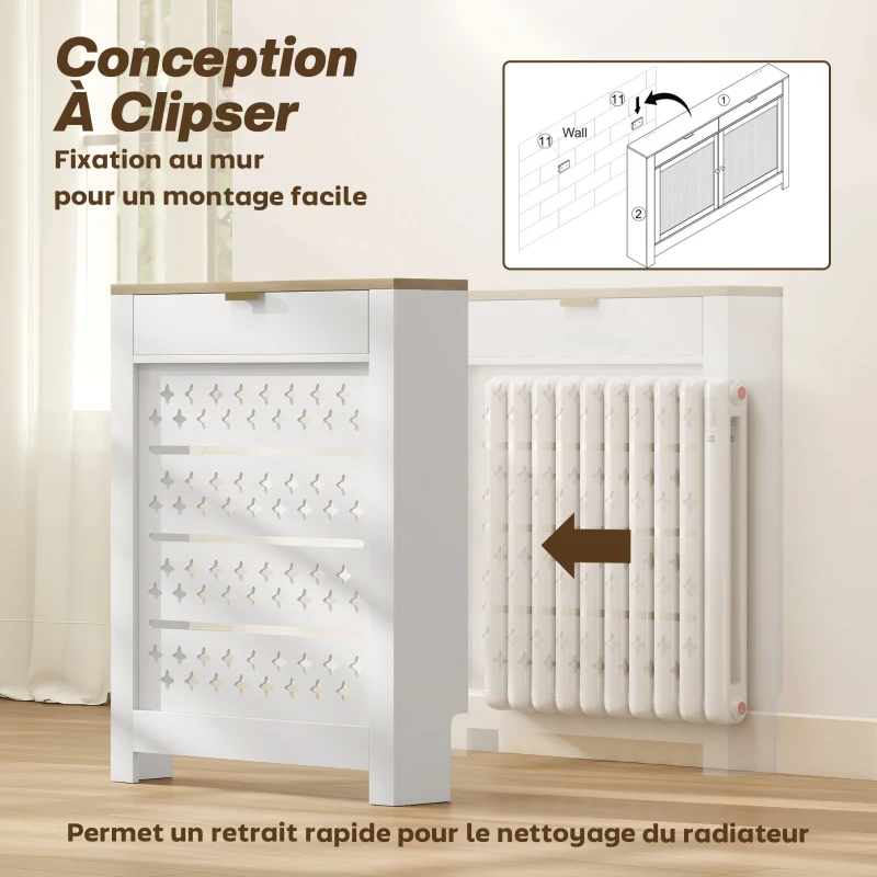 HOMCOM Couvercle de radiateur, cache radiateur avec placard rabattable et étagère supérieur, 78 x 19 x 95,5 cm, blanc