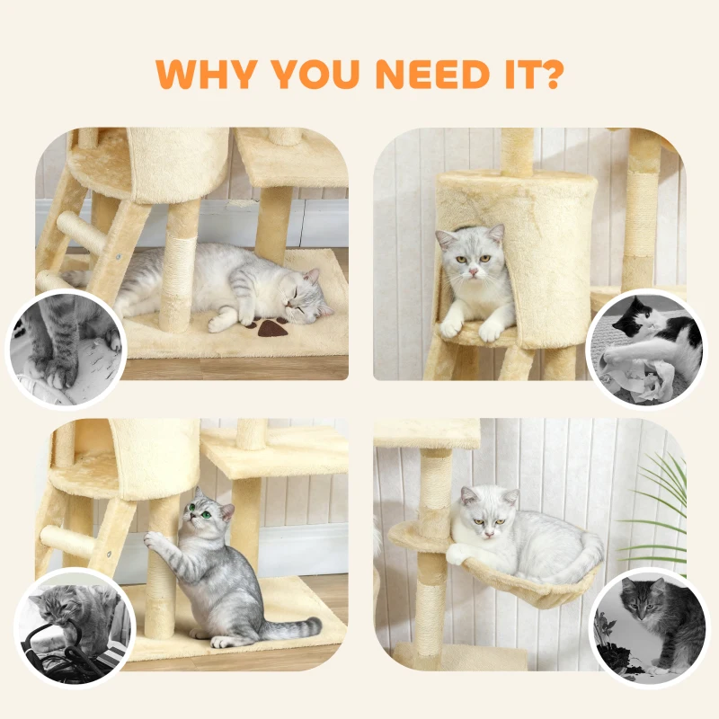 PawHut Cat Tree 52.8 in Tall with 6 Sisal Posts, Condo, Hammock & 4 Dangling Toys — Beige