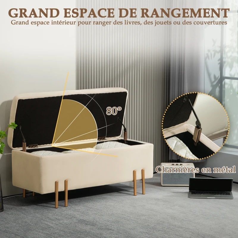 HOMCOM Banc de rangement coffre de rangement design contemporain - espace de rangement velours beige piètement métal doré
