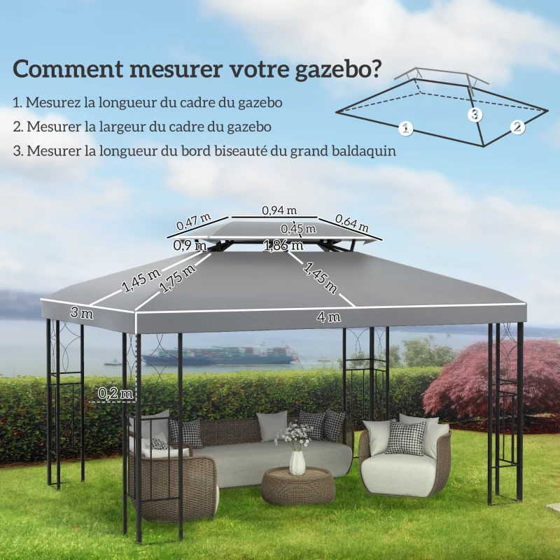 Outsunny Toile de rechange pour pavillon tonnelle tente 3 x 4 m polyester haute densité 180 g/m² gris clair