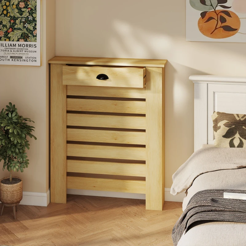 HOMCOM Couvercle de radiateur cache radiateur grille à lattes horizontales avec 2 tiroirs en bois 78l x 19P x 95,5H cm chêne