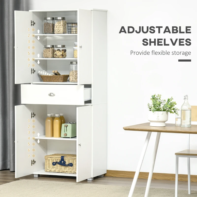 HOMCOM 184cm Tall Kitchen Cupboard, Freestanding Kitchen Pantry Storage Cabinet with 4 Doors, 3 Adjustable Shelves, Drawer, Anti-tipping Device, Sideboard Organiser for Dining Room, Living Room, White