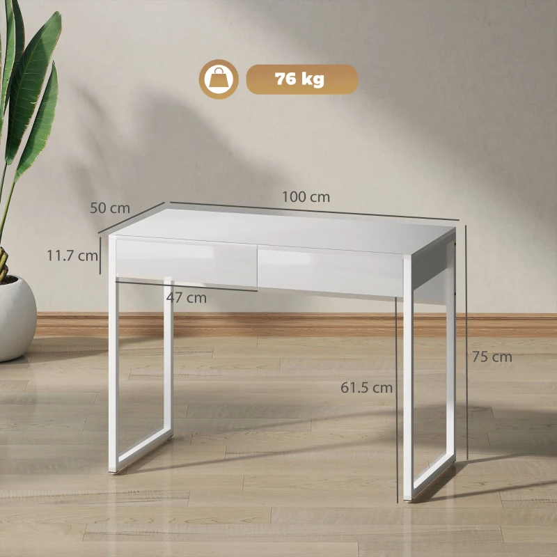 HOMCOM Scrivania Moderna con 2 Cassetti e Gambe in Acciaio, 100x50x75 cm, Bianco Lucido