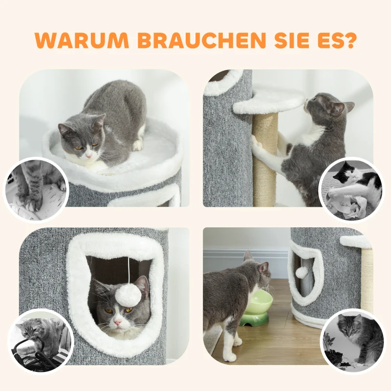 PawHut 101 cm Katzenturm, 3 Ebenen, 3 Schlafhöhlen, Spielbälle, Kratzpfosten, Sisal, Spanplatte, Grau