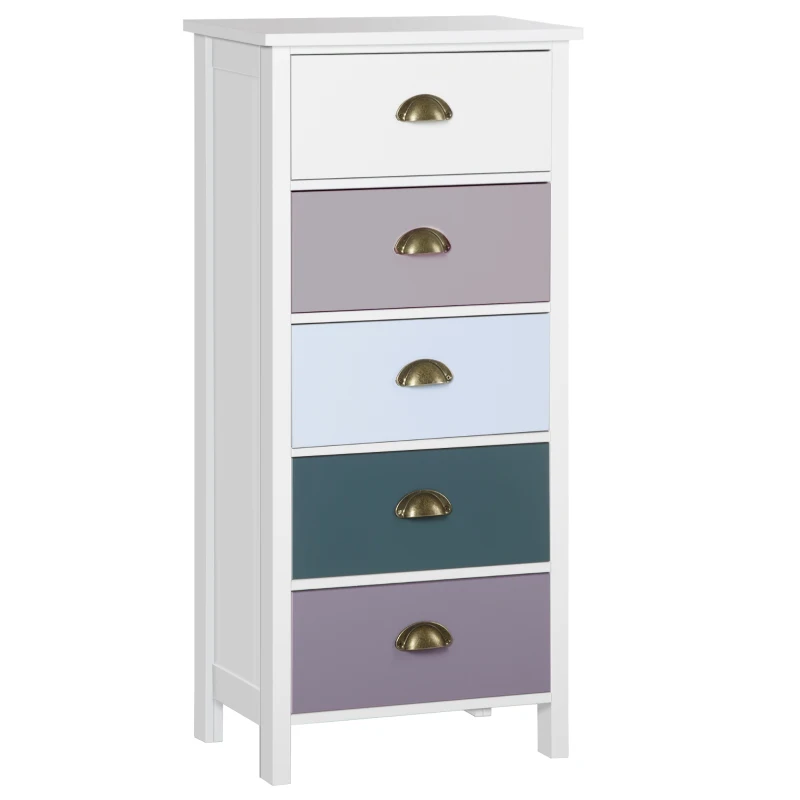 HOMCOM Chiffonnier commode meuble de rangement 5 tiroirs multicolores avec poignée métal coquille MDF - dim. 45L x 30l x 95,4H cm