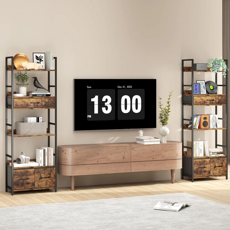 HOMCOM Bibliothèque étagère de rangement à 6 niveaux avec 4 étagères, 3 tiroirs en tissu, 60x30x176cm, brun rustique