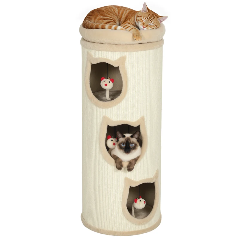 PawHut Torre Tiragraffi per Gatti Alta 96 cm con 3 Casette e Lettino Superiore Rimovibile e Lavabile, Crema