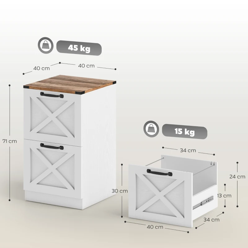 HOMCOM Cassettiera con 2 Cassetti, con Piano Porta Stampante e Guide per formato A4/Lettera, 40x40x71 cm Bianco