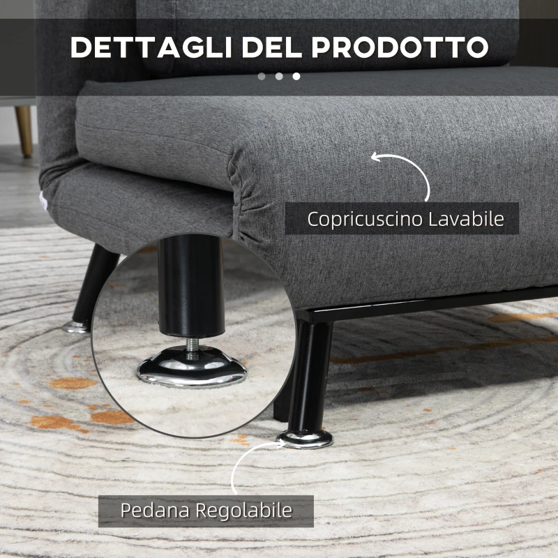 HOMCOM Poltrona Letto con Schienale Regolabile in 5 Posizioni, Tessuto Effetto Lino e Acciaio, 75x70x75 cm, Grigio