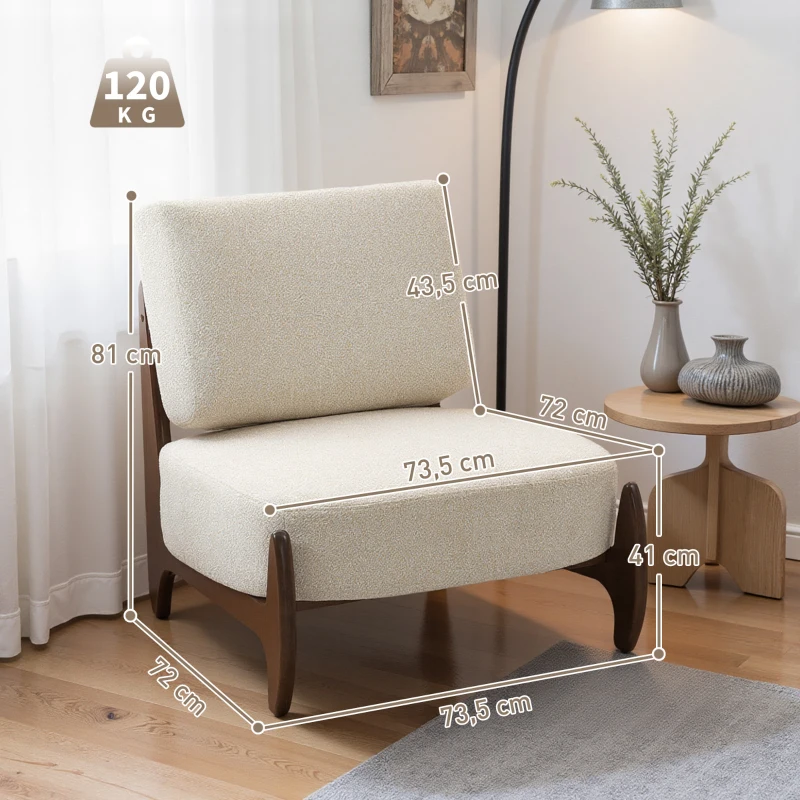 HOMCOM Fauteuil salon en chenille, fauteuil chambre confortable, coussin épais, assise rembourrée, 72 x 73,5 x 81 cm, crème