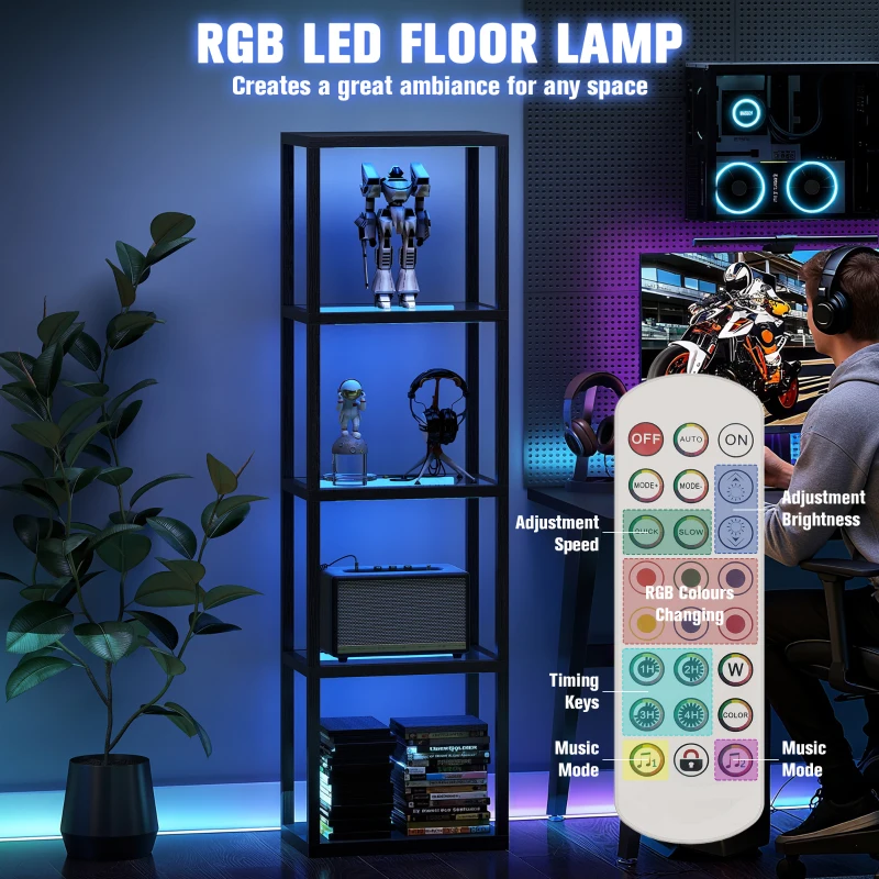 HOMCOM RGB staande lamp met glazen planken, 4‑laagse LED staande lamp met afstandsbediening, muzieksynchronisatie, zwart