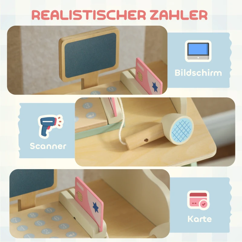 AIYAPLAY Supermarktstand für Kinder, Spielkasse, 34 Zubehörteile, Kasse, MDF, Grün