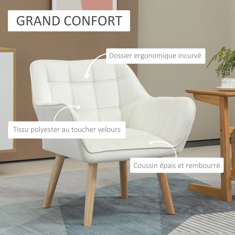 HOMCOM Fauteuil style scandinave dossier haut et accoudoirs, revêtement en polyester effet velours, 67 x 61,5 x 71 cm, crème