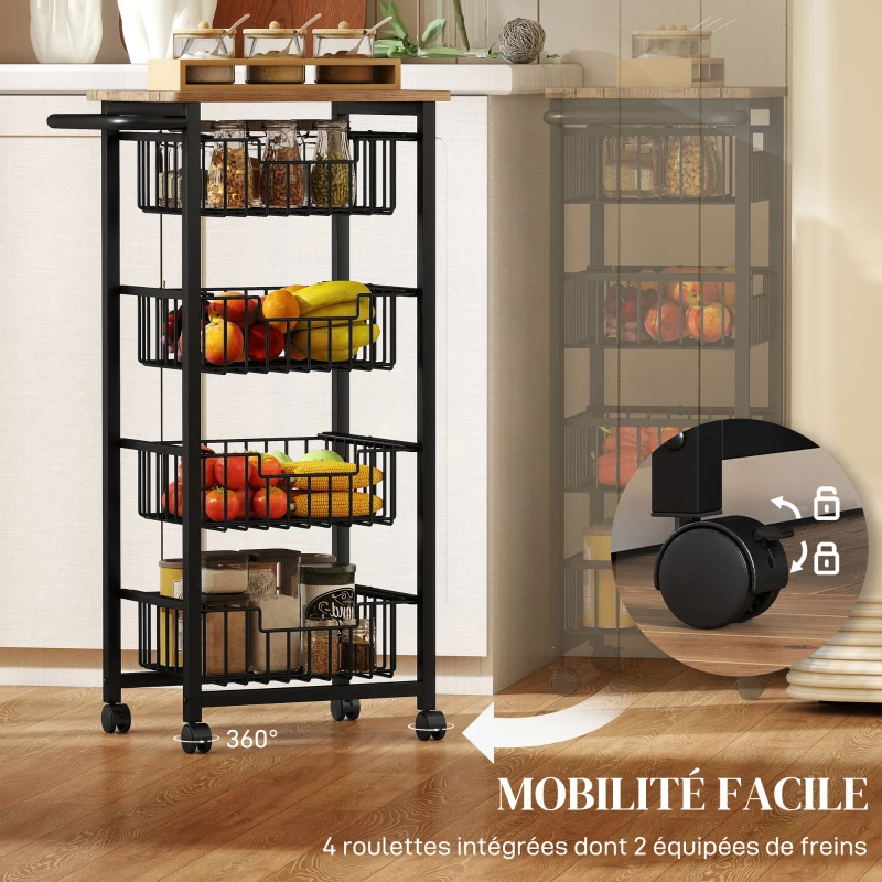 HOMCOM Chariot de rangement à 5 niveaux, desserte à roulettes, 4 paniers coulissants et plateau, 49,5x31x91cm, chêne et noir
