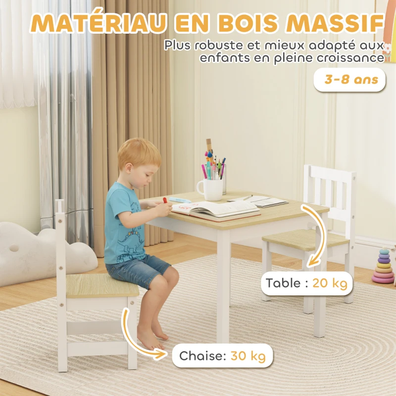 AIYAPLAY Table enfant avec chaise, lot table et 2 chaises enfant en bois pour dessiner, jouer, étudier, 56x52x48cm, bois naturel