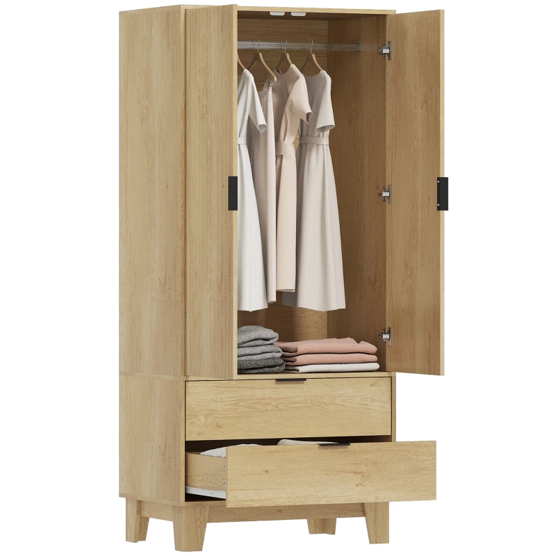 HOMCOM Armoire chambre penderie avec 2 portes à fermeture douce, 2 tiroirs et barre de suspension, 80x50x180cm, bois naturel