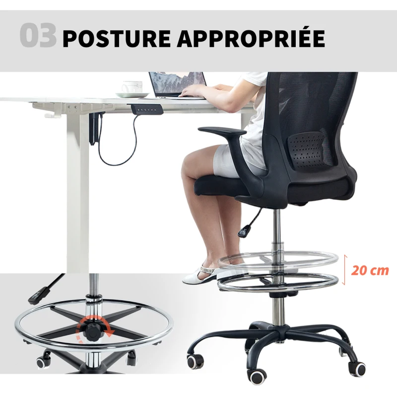 HOMCOM Chaise bureau ergonomique avec repose-pieds ajustable et accoudoirs relevables, hauteur réglable, 59x62x99-119cm, noir