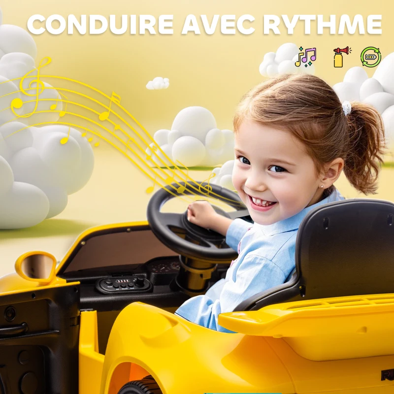 AIYAPLAY Voiture électrique enfants, véhicule électrique 12V, télécommande 2,4G, phares, musique, klaxon, 103 x 55 x 44 cm, jaune