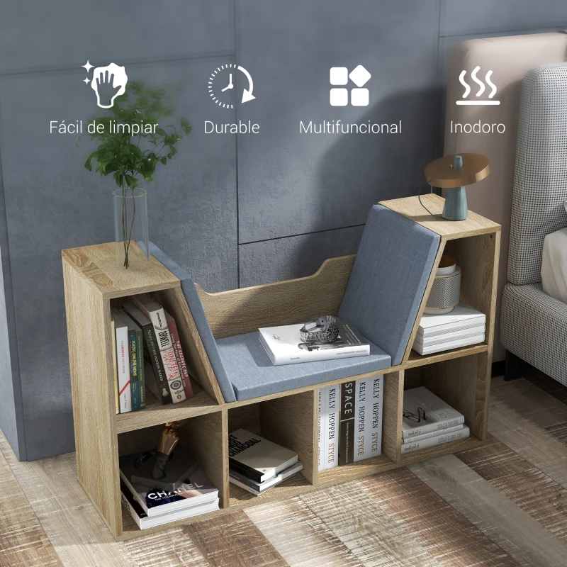 HOMCOM Librería con Asiento Estantería de Libros con 6 Cubos Cojín para Sala de Estar Dormitorio 102x30x61cm Roble y Gris