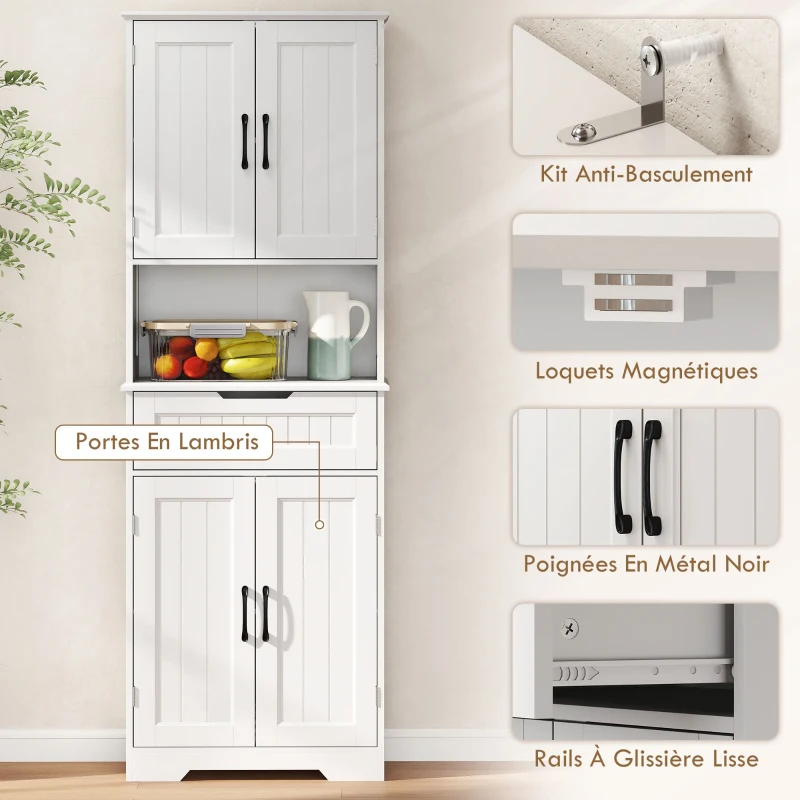 HOMCOM Buffet cuisine, armoire de cuisine avec 4 portes, tiroir, compartiment ouvert et étagères réglables, 60x30x172cm, blanc(m-8)