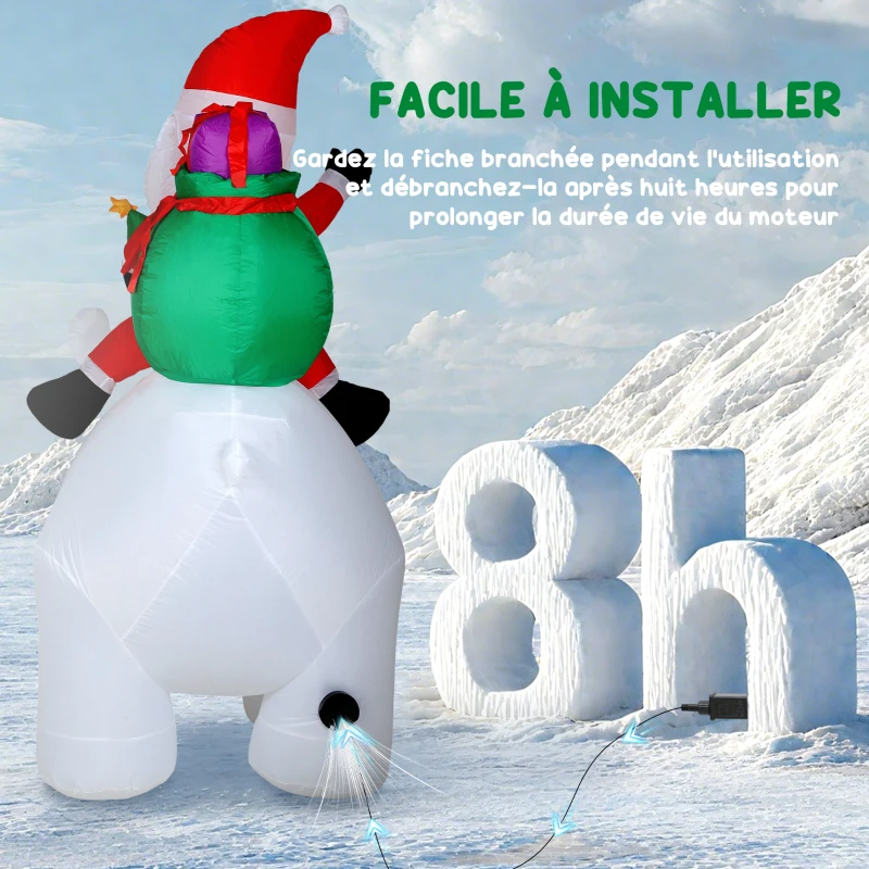 Outsunny Père Noël gonflable de Noël sur ours polaire 200 cm, 5 lumières LED, décoration de Noël intérieure et extérieure, blanc